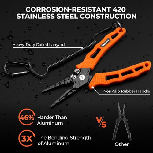 KastKing Cutthroat 7 inch Fishing Split Ring Pliers, 420 Stainless Steel Fishing Tools, Saltwater Resistant Fishing Gear, Tungsten Carbide Cutters - color: Orange, size: 7" Straight Nose