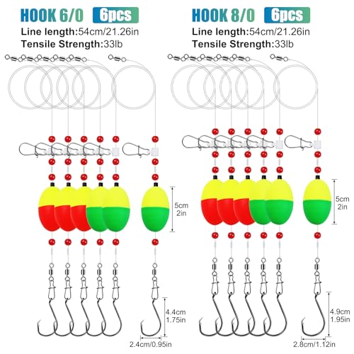 Fish Finder Rigs - 6 Pack (Size 6/0 or 8/0) with 33LB Fluorocarbon Leader - Pre-Assembled Surf Fishing Rigs with High-Carbon Steel Hooks & Oversized Float for Saltwater Ocean Fishing - size: 6/0 Circle Hook-6pcs