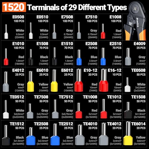 Preciva 1520PCS Ferrule Crimper Tool Kit - AWG 28-5 (0.08-16mm²) Hexagonal Ferrule Crimper, Self-Adjusting Ratchet Tool & Complete Ferrules Set, for Industrial, Automotive and Home Electrical Wiring