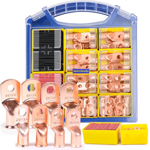 haisstronica 120PCS Battery Cable Ends Kit,60PCS AWG 0 00 000 0000 Heavy Duty Copper Wire Lugs Ring Terminals,Battery Cable Lugs Eyelets Terminal Connectors with 60PCS 3:1 Heat Shrink Tubing - color: Bare Copper, size: 120 PCS