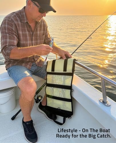CVLIFE Fishing Tackle Bag, Lure Wrap Organizer, Soft Plastic Lure Bait Storage with 6 PVC & Mesh Pockets, Includes 30 Treble Hook Covers, 130 Single Bonnets, Retractable Hook Sharpener, Yellow