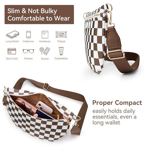 KALIDI Checkered Crossbody Bags for Women Travel Flat Fanny Packs for Woman Men Nylon Cross Body Purse Fashion Belt Bum Bag - color: Brown Checkered