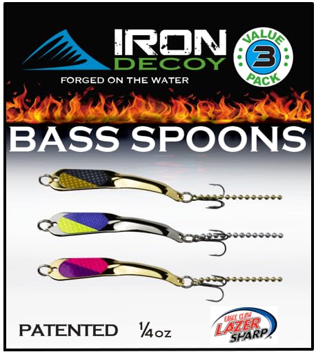 IRON DECOY Spoon Fishing Lures 3-Pack, Multi-Species Metal Spoons for Trout, Walleye, Bass, Salmon, Pike, Ice Fishing & Trolling, Vibrating Spoon Lure Kit - color: Bass #1, 1/4 oz