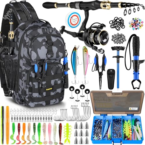PLUSINNO Fishing Backpack with Fishing Rod and Reel Combos Tackle Boxes, Waterproof Tackle Backpack for Fishg Gear with Rod Holder, Fish Gifts for Men with Tool Kit - color: Black Camo Backpack With Rod and Reel Combo