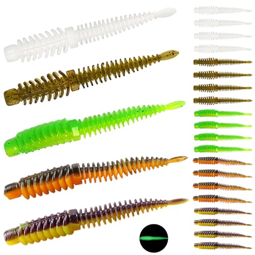 25 Pcs Finesse Worms for Bass, 3.14" Shaky Head Worm Lures, Soft TPE Bionic Baits Flexible Split Rig for Drop Fishing, Coral Reef Freshwater Species (5 Colors)