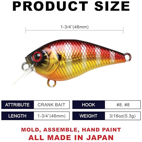 Lucky Craft LC 0.5 Squarebill Crankbait, Silent Fishing Lure for Bass Trout and Pike, Made in Japan, Freshwater Fishing Gear, Hard Bait Bass Lures - color: 301 Magma Heat Up Gill
