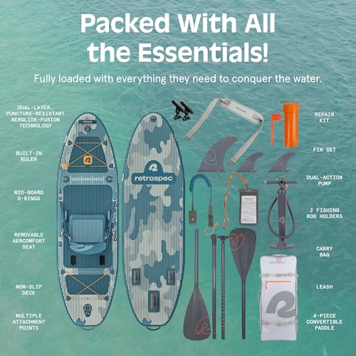 Retrospec June Nano Kids Inflatable Fishing Paddle Board SUP Kayak: 9'6" Hybrid Paddleboard with Rod Holders, Removable Seat - Lightweight Portable Youth Fishing Board - color: River Rock Legacy