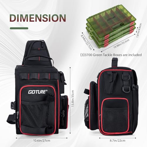 Goture OpenSide Fishing Sling Tackle Storage Bag with 3 3700 Tackle Boxes, Lightweight Fishing Backpack Storge Fishing Gear - Black Bag for Fishing,Gift for men - color: Black, size: Large bag with 3700 trays, style: Bag + Fishing Boxes(handle) + Black Fi