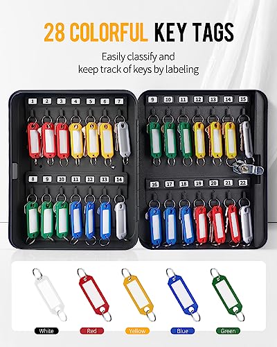 Uniclife Steel Key Cabinet Wall Mounted Organizer - 28 Keys, 2 Unlocking Keys - Black Frosted Security Box with Hooks and Color-Coded Labels - color: Black, size: 28-Key