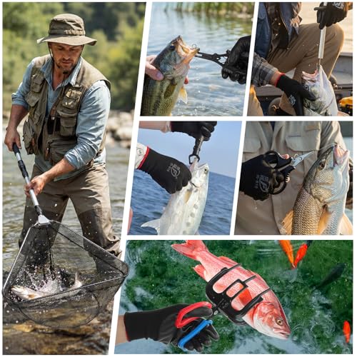 Ceenna 14 Pcs Fishing Tool Kit, Fishing Pliers, Retractable Landing Net, Lip Gripper, Fillet Knife, Digital Scale, Hook Remover, Scaler, Braid Scissors, Sharpener, Tool Retractor Accessories - color: Black