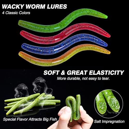 Goture Wacky Worm Fishing Lure Kit with Soft Plastics, Wacky Rig Tools, O-Rings, Worm & Drop Shot Hooks, Beads, Weights & Tackle Box - color: E:143pcs-(4" Soft Worm)&Soft Bait Bag
