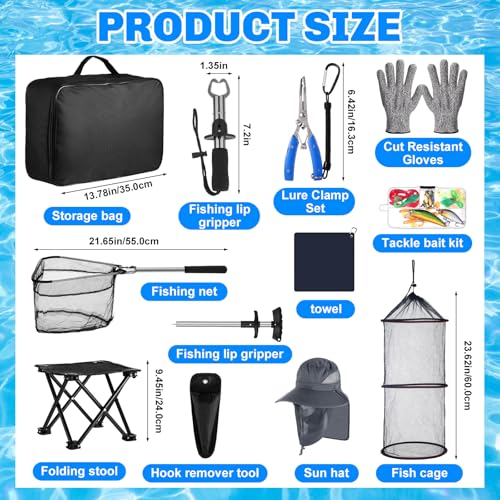 Lasnten 68 Pcs Fishing Tool Kit Fishing Backpack Pliers Kit Gear Equipment Tackle Include Hook Remover Backpack Gloves Towel Keychain Hook Lures Baits Accessories for Father Men Women Gifts