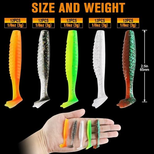 Dovesun Crappie Lures Kit Soft Plastic Baits Paddle Tail Swimbaits Fishing Soft Plastic Lures Crappie Walleye Trout Bass Fishing Baits 60pcs/75pcs - color: Duck Feet-2.5in-60pcs