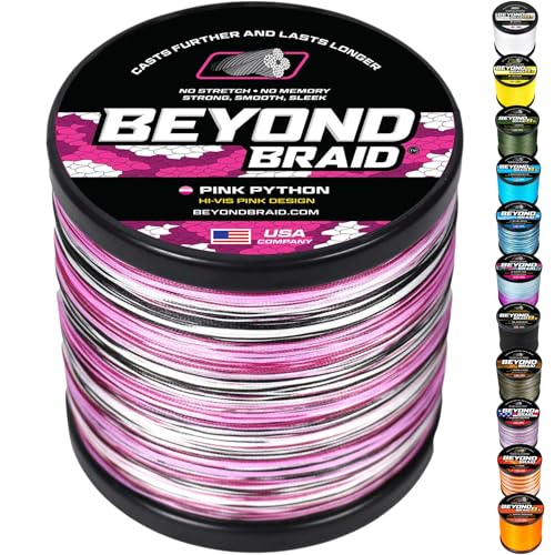 Beyond Braid Braided Fishing Line -Super Strong - Abrasion Resistant - No Stretch -Blue Camo, Moss Camo, White, Green, Pink, Blue, 4 Strand 8 Strand - color: Pink Python, size: 20LB (300 Yards)