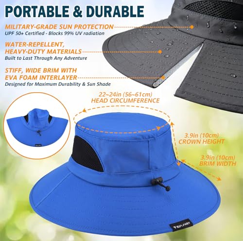 Wide Brim Sun Bucket Hat, Waterproof Boonie Hat for Men & Women | UPF 50+ UV Protection, Adjustable Fit, Chin Strap & Sweatband, Foldable Durable for Fishing Hiking Garden Beach - color: 01 Blue