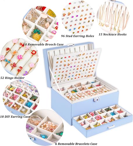QBestry Earrings Jewelry Box for Girls, 5 Layers Jewelry Organizer with Earring Holder Organizer for Girls Earring Organizer Jewelry Boxes for Women Earrings and Necklaces Jewelry Box Organizer Blue - color: Blue, size: Large