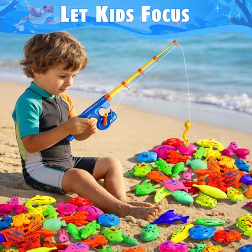 CozyBomB™ Magnetic Fishing Toys Game Set for Kids | Water Table Bathtub Kiddie Pool Party Pole Rod Net, Outdoor Plastic Floating Fish, Toddler Bath Color Ocean Sea Animals Birthday Gift Age 3-5 6 4-8 - size: 34 Fishes