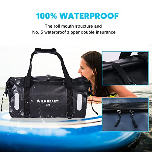 WILD HEART Waterproof Bag Duffel Bag 20L 30L 40L with Welded Seams Shoulder Straps, Mesh Pocket for Kayaking, Camping, Boating,Bicycle,Motorcycle - color: balck, size: 20L