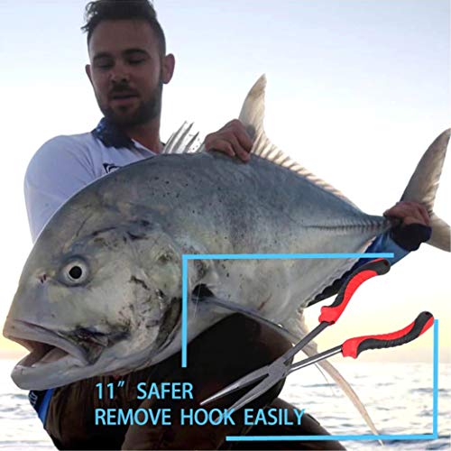 11" Long Nose Fishing Pliers, Straight & Bent Jaws, PTFE Coated Corrosion Resistant, Hook Remover & Braid Cutter Fishing Needle Nose Pliers, Saltwater Freshwater Gear for Bass Snook Trout - color: Blue - Curved Needle Nose Pliers
