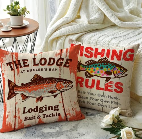 Rustic Fishing Throw Cushion Case 18x18 Inch Vintage The Lodge at Angler's Bay Trout Pillow Cover Cabin Man Cave Couch Sofa, Outdoor Fishing Decor Pillowcase (Orange) - color: Orange