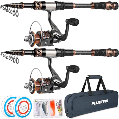 PLUSINNO Fishing Rod and Reel Combos - Carbon Fiber Telescopic Fishing Pole - Spinning Reel 12 +1 Shielded Bearings Stainless Steel BB - color: X-2PACK Full Kit with Carrier Case, size: 1.8M 5.91FT