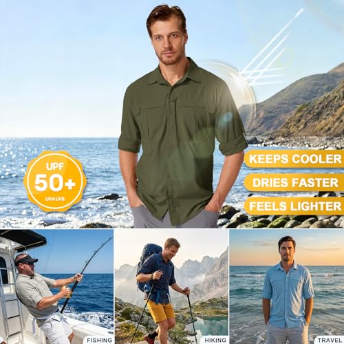 Men's Sun Protection Safari Fishing Shirts Long Sleeve UPF50+ UV Quick Dry Lightweight Cooling Hiking Travel - color: Olive Green, size: Small