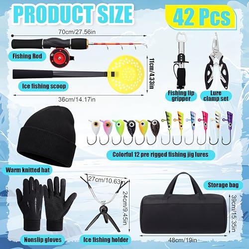 42 Pcs Ice Fishing Rod and Reel Combos Ice Fishing Rod and Holder with Carrier Bag, Pliers, Lip Grip, Reel, Lures, and Accessories Kit for Men Beginner Winter