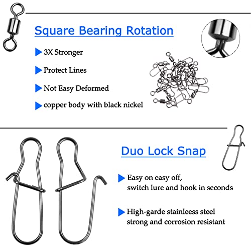 Fishing Swivels Kit 190pcs Fishing Accessories Tackle Ball Bearing Swivels, Rolling Barrel Swivel Snap, Three Way Crossline Swivel, Duo Lock Snap for Bass Trout Saltwater Freshwater Fishing Tackle