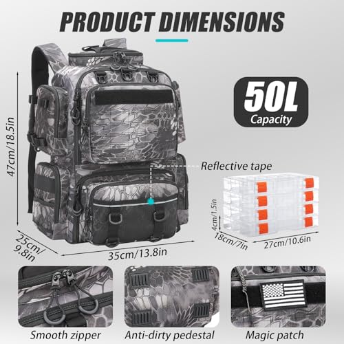 Tactical Fishing Backpack with Tackle Boxes, Rod Holders & Bottle Holder, 50 L Large Tackle Box Backpack with Cooler, Fishing Tackle Bag Store Gear & Equipment, 900 D Oxford, Camouflage Black - color: Gray CM