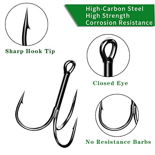 Drasry Fishing Treble Hooks Set for Saltwater Freshwater Size 1/0 to 16 High Carbon Steel Different Fish Hook 50pcs/Box - color: Black, size: #6 to #1/0 Large