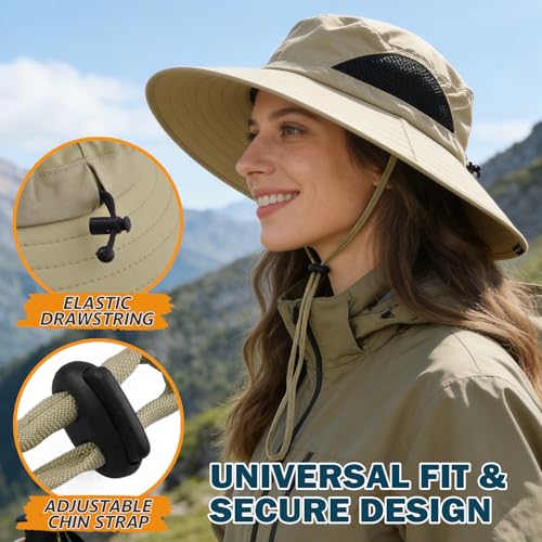 Wide Brim Sun Bucket Hat, Waterproof Boonie Hat for Men & Women | UPF 50+ UV Protection, Adjustable Fit, Chin Strap & Sweatband, Foldable Durable for Fishing Hiking Garden Beach - color: 01 Khaki