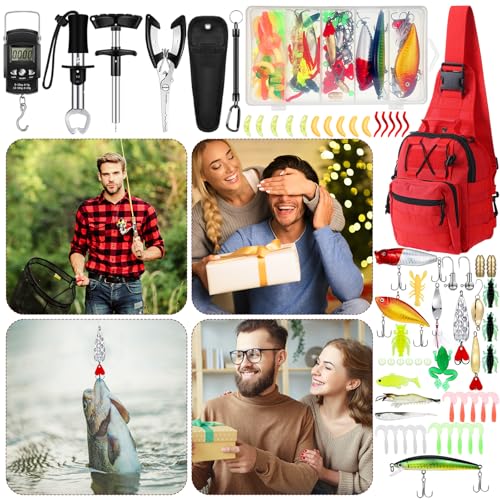Sosation 134 Pcs Fishing Tool Fishing Tackle Box Kit and Equipment for Adults Beginner Gift, Hook Remover, Pliers Kit, Backpack Tackle Container Lures, Lip Gripper, Weigh Scale - color: Red