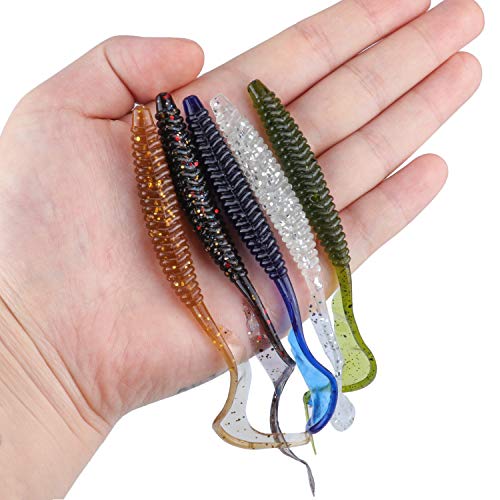 RUNCL Anchor Box - Paddle Tail Swimbaits, Soft Jerk Baits, 20/40/50/60pcs Soft Fishing Lures, Curved Tail Grubs - 3D Lifelike Eyes, Split/Boot/Curved/Straight/Thin Tail - 1/2/3/4/5in, Proven Colors - color: X - Curved Tail Grubs (4in, 40pcs)