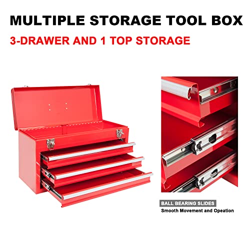 BIG RED ANTBD133-XB Torin 20.5" Portable 3 Drawer Steel Tool Box with Metal Latch Closure, Red - color: Red, size: 20.5 Inch