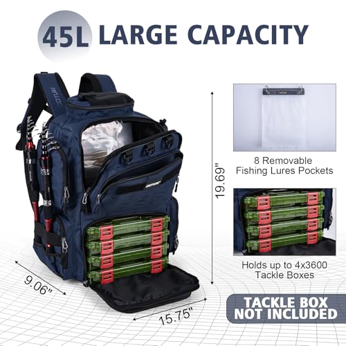 Goture Fishing Backpack,900D Water-Resistant Tackle Backpack with Rod Holders, SBS Zippers,45L Large Fishing Bag Storage Gear Tackle Bag with Rain Cover, Bottle Holder for Travel Camping Hiking - color: A1:Blue(Only Bag), size: Without Tackle Boxes