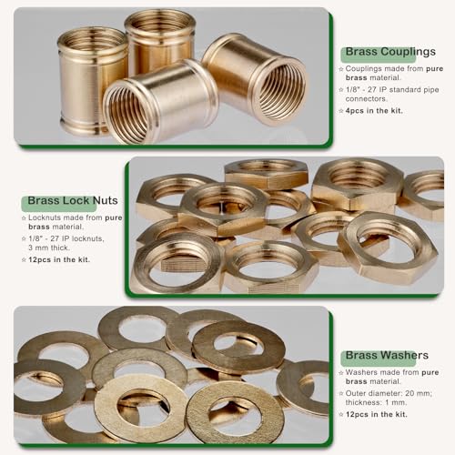 Lamp Pipe Locknut,Lamp Rod Couplings,Brass Lock Nut Fasteners for Standard 1/8 IP Threaded Pipe,Perfect for Lamp Assemlby or Repair,Lamp Tube Threaded Locknuts - size: Brass Set - Lock Nuts, Couplings, Washers