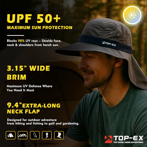 TOP-EX Cooling Sun Hat with Neck Flap – UPF 50+ Wide Brim Breathable Hat for Hiking, Fishing & Big Heads - color: Navy, size: Large-X-Large