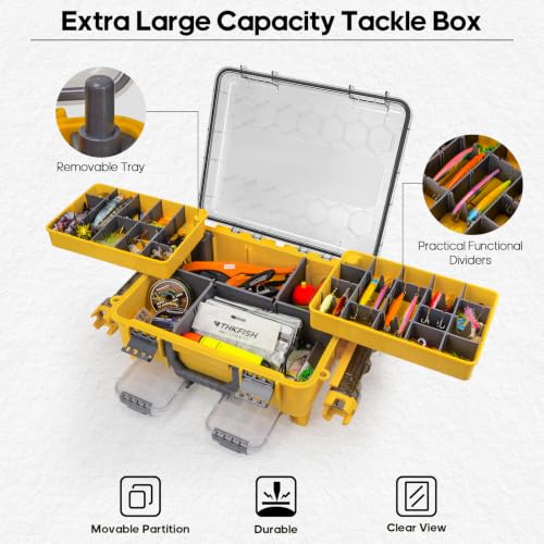 THKFISH Waterproof Double Side Tackle Box, Portable Storage Box with 2 Pack 3500 Stowaway Boxes & Rod Holders, Fishing Lure Organizer YellowPink/Green/Blue/Grey (L-Yellow) - color: L-Yellow