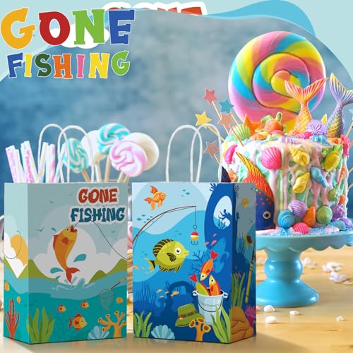 Kosiz 24 pcs Gone Fishing Party Favors Bags Little Fisherman Gift 1st Birthday Goodie Paper Bags Fish Animal Candy Treat Pouch with Handles for Summer Fishing Party Decorations Supplies - style: Fishing