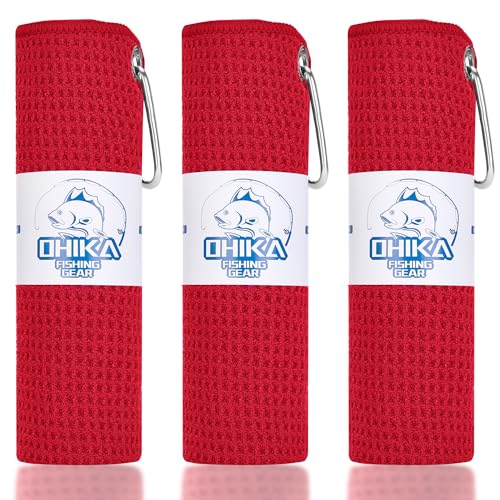 Microfiber Fishing Towels with Clip, Waffle Pattern for Effective Cleaning of Fishing Gears or Dirty Hands, 16” x 16”, Camping Towels, Hiking Towels, Pack of 3 (Red) - color: Red