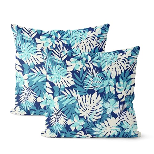 Navy Blue Summer Outdoor Pillow Covers 16x16 Inch 2 Pcs Aqua Teal Palm Leaves Tropical Leaf Decor Throw Pillows Botanical Coastal Decoration Pillowcase Linen Cushion Cover for Couch Sofa - color: Navy Blue Teal Palm, size: 16" x 16" (Pack of 2)