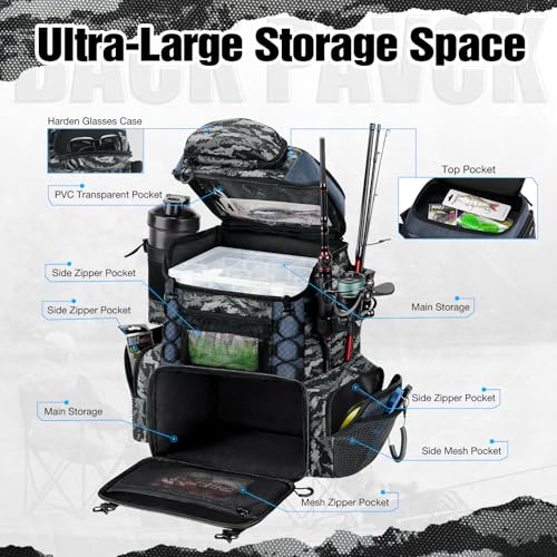 Piscifun Fishing Tackle Backpack with Rod Holders & 4 Tackle Boxes, 42L Outdoor Fishing Bag with Waterproof Rain Cover - color: Balck Camouflage