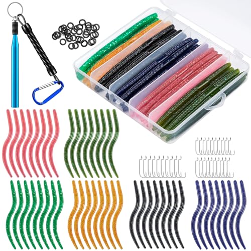 CVLIFE Wacky Worm Kit for Bass Fishing, 48PCS 5.5" Wacky Worm Lures, 100 O-Rings, Wacky Rig Tool, 30 Hooks and Tackle Box, 180PCS Soft Plastic Fishing Lure Kit