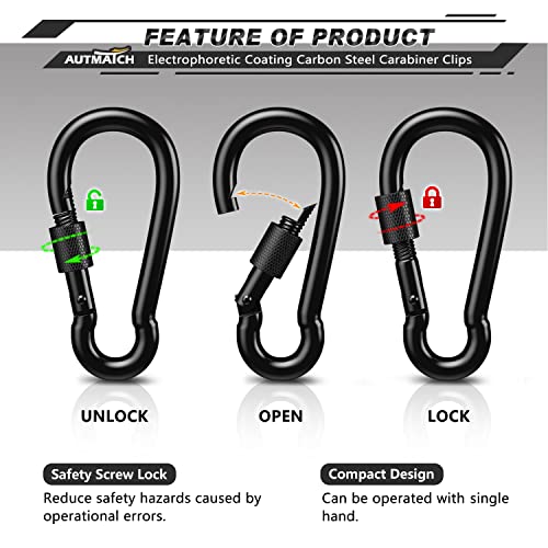 AUTMATCH Carabiner Clips, 3" Spring Snap Hook Caribeener Clips Buckle Pack Grade Heavy Duty Carabiners Quick Link for Camping, Fishing, Hiking, Traveling, 4 Pack - style: Carbon Steel - Locking Black