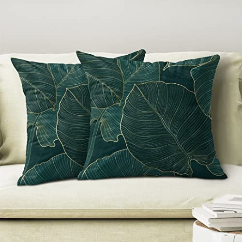 AEIOAE Tropical Leaves Pillow Covers 18 X 18 Inch Set of 2, Emerald Green Minimalist Geometric Palm Leaf Throw Pillow Covers Plant Outdoor Decorative Pillows for Couch Home Sofa Summer Decor - color: Tropical Leaves, size: 18" x 18" (Pack of 1)