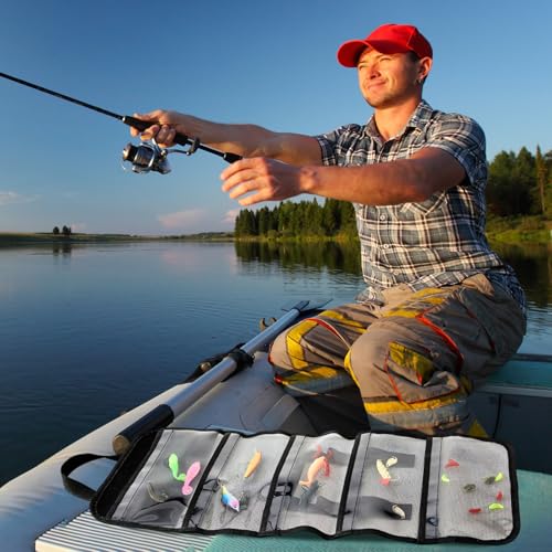 2 Pack 5 Pocket Lure Bag 24.8" x 11.4" Fishing Big Bait Bag Trolling Roll up Tackle Wrap Storage Organizer with Clear PVC Protective Cover for Lures, Bait, Terminal Tackle - size: 24.8" X 11.4"