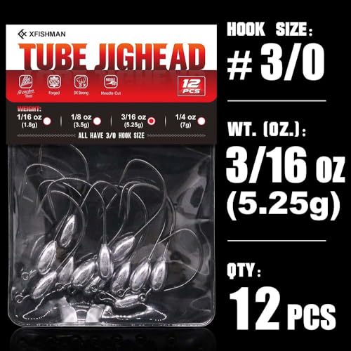 XFISHMAN-Tube-Jig-Heads-for-Bass-Fishing-Tube-Bait-Hooks 1/16oz 1/8oz 3/16oz 1/4oz (12-Pack) - color: 3/0 Hooks, size: 3/16oz (12-Pack)