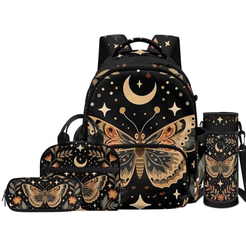 4 PCS Cute School Backpack for Boys Butterfly Schoolbag Rucksack with Lunch Box Handbag and Pencil Case Bottle Sleeve Pouch Set for Elementary Middle School - color: Butterfly
