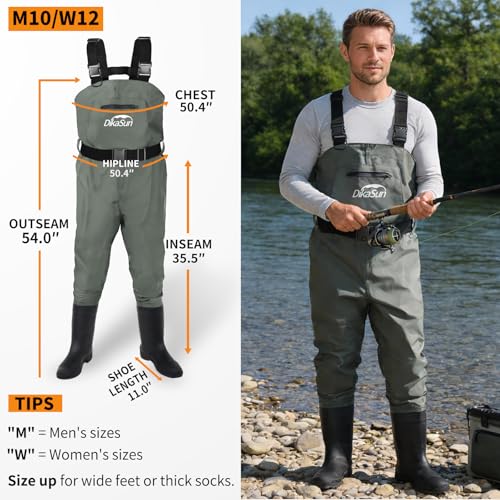 Fishing Waders for Men & Women, Waterproof 2-Ply Nylon/PVC Chest Wader with Boots for Outdoor Sizes 4-13 Bootfoot - color: Grey, size: US-M10/W12