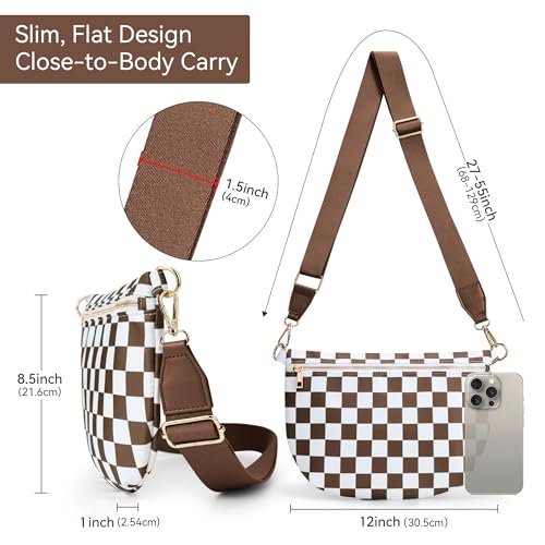 KALIDI Checkered Crossbody Bags for Women Travel Flat Fanny Packs for Woman Men Nylon Cross Body Purse Fashion Belt Bum Bag - color: Brown Checkered